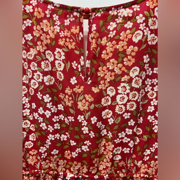 THIRD + MALT Red Floral Flutter Dress With Front Keyhole Tie Detail Size | L - Picture 6 of 8